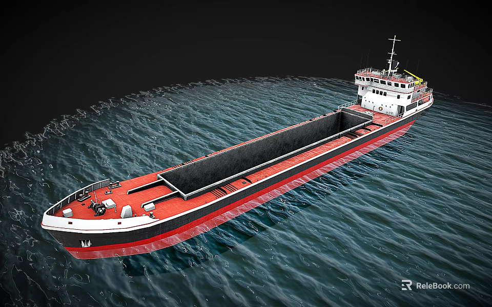 Red and White Cargo Ship Sailing on Blue Ocean Water with Open Black Hold 3d model 