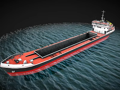 Red and White Cargo Ship Sailing on Blue Ocean Water with Open Black Hold 3d model