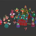 Festive Christmas Holiday Furniture With Red Cottage Green Tree Candy Canes And Gift Boxes