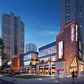 Modern Commercial Street with Tall Skyscrapers Digital Billboards Pedestrians Outdoor Seating and Evening Lighting
