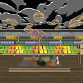 Elegant Specialty Store Interior with Wooden Shelves Various Packaged Products and Cloud Shaped Ceiling Lights