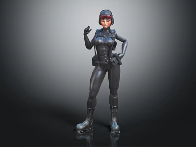 Confident Female Character In Black Tight Combat Suit With Helmet On Dark Background 3d model