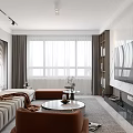 Modern Living Room Interior With Marble Wall TV Bookshelf Round Coffee Table And Brown Sofa