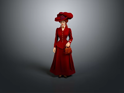 Woman in Red Long Dress With Red Large Hat Holding Brown Handbag Against Gray Background 3d model