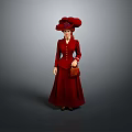 Woman in Red Long Dress With Red Large Hat Holding Brown Handbag Against Gray Background