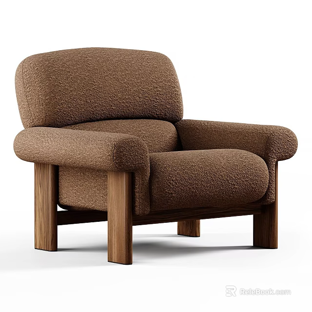 Brown Plush Fabric Single Seater Sofa With Wooden Legs Modern Minimalist Design 3d model 