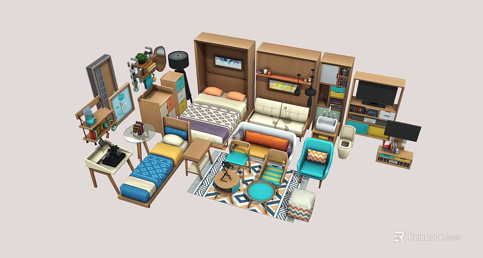 Colorful Interior Design With Bed Sofa Bookshelf Table Chairs And Decorative Rug 3d model 