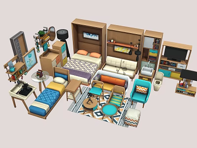 Colorful Interior Design With Bed Sofa Bookshelf Table Chairs And Decorative Rug 3d model