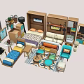 Colorful Interior Design With Bed Sofa Bookshelf Table Chairs And Decorative Rug