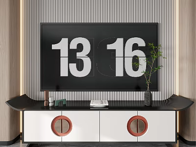 Modern TV Stand Design With White Cabinet Red Circular Accents And Black Top Surface 3d model