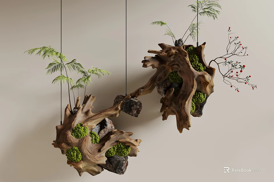 Hanging Decorative Wooden Root Sculptures with Green Moss Small Plants and Red Berries 3d model 