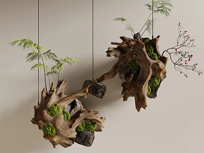 Hanging Decorative Wooden Root Sculptures with Green Moss Small Plants and Red Berries 3d model