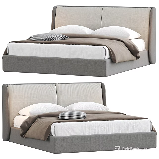 Modern Double Bed With Upholstered Headboard White Mattress Brown Bedspread And Decorative Pillows 3d model 