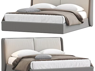 Modern Double Bed With Upholstered Headboard White Mattress Brown Bedspread And Decorative Pillows 3d model