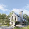 Modern Single Family House With Unique Roof Design Chimney And Swimming Pool Surrounded by Trees