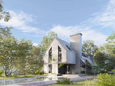 Modern Single Family House With Unique Roof Design Chimney And Swimming Pool Surrounded by Trees 3d model