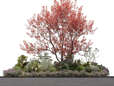 Tall Arbor With Vibrant Red Leaves And Surrounding Plants On Dark Ground 3d model