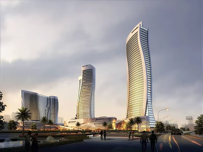 Modern Commercial Complex With Tall Glass Towers Architectural Design Urban Landscape And Palm Trees 3d model