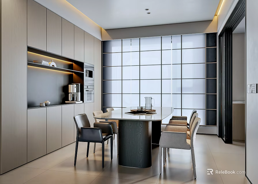 Modern Open Restaurant Interior Design With Dining Table Chairs And Large Windows 3d model