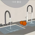 Black Faucets With Running Water Over White Sink And Oranges On Light Countertop