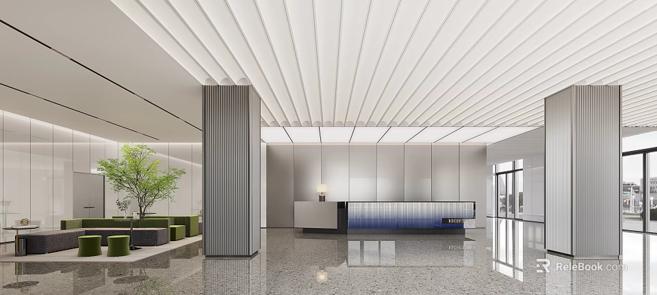 Modern Front Desk Reception Lobby Interior Design With Lighting And Decorative Plants 3d model