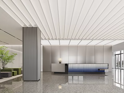 Modern Front Desk Reception Lobby Interior Design With Lighting And Decorative Plants 3d model