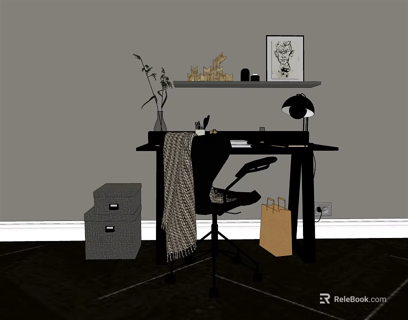 Modern Desk Setup With Lamp Chair Blanket Storage Boxes Shelf Artwork And Plant 3d model 