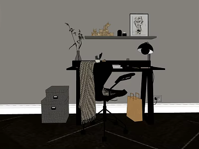 Modern Desk Setup With Lamp Chair Blanket Storage Boxes Shelf Artwork And Plant 3d model