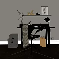 Modern Desk Setup With Lamp Chair Blanket Storage Boxes Shelf Artwork And Plant