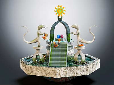 Cartoon Scene Fountain With Two Lizards Archway Sunflower Steps Colorful Eggs And Small Animals 3d model