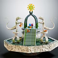 Cartoon Scene Fountain With Two Lizards Archway Sunflower Steps Colorful Eggs And Small Animals