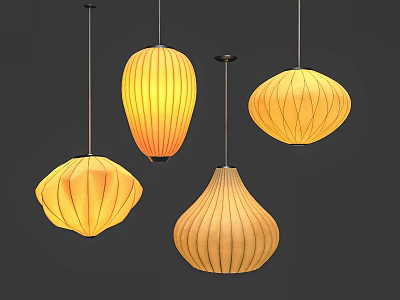 Yellow Fabric Pendant Lights with Various Pleated Shapes Hanging Against Dark Background 3d model