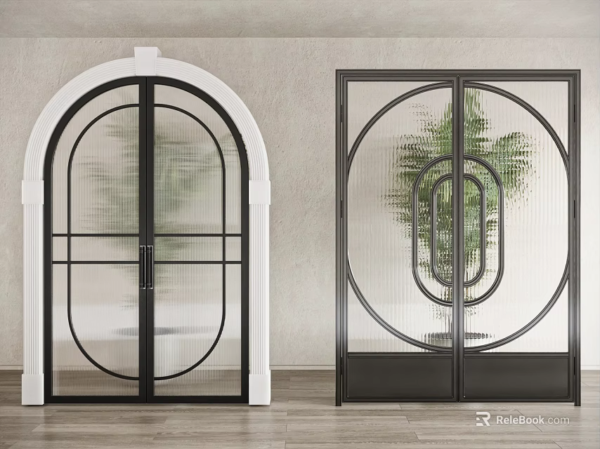 Modern Interior Double Doors Featuring Arched White Frame And Circular Black Design With Plants 3d model