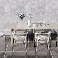 Modern Dining Table Set With Wicker Chairs Vase Flowers Gray Wall Tile Floor 3d model