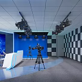 Modern Professional Studio Interior With Blue Background Screen Multiple Cameras And Lighting Fixtures 3d model
