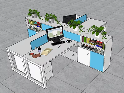 Modern Office Desk Setup With Computer Monitor Potted Plants Books And Storage Cabinets 3d model