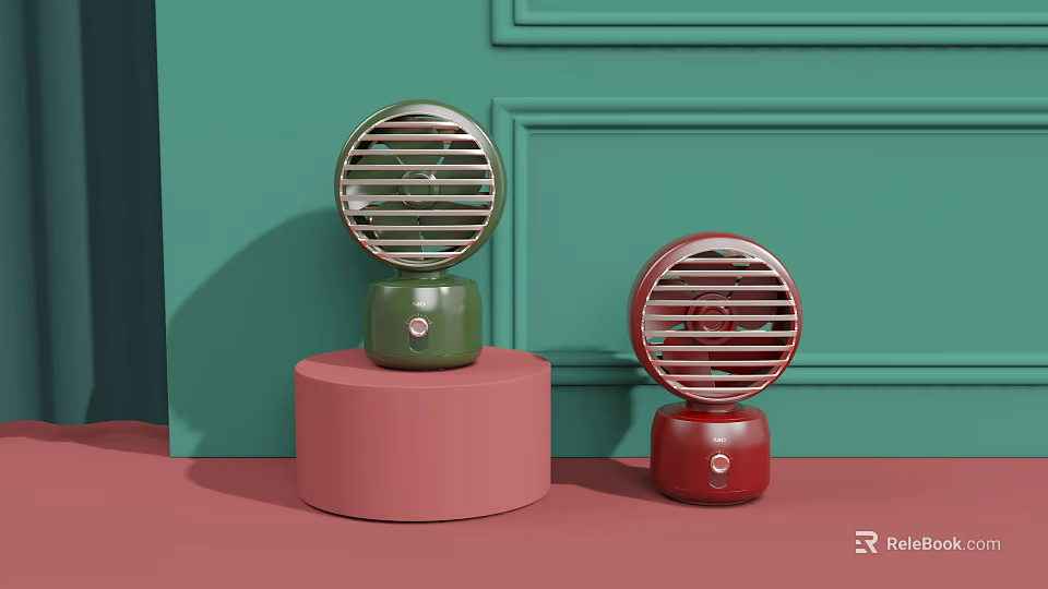 Green and Red Air Cooler Fans on Pink Round Bases with Green Decorative Wall 3d model 