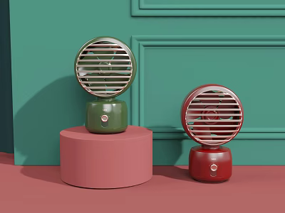 Green and Red Air Cooler Fans on Pink Round Bases with Green Decorative Wall 3d model