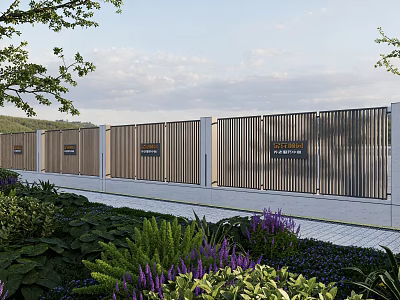 Modern Landscape Wall Design With Vertical Slats And Lush Garden Plants 3d model
