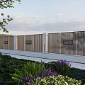 Modern Landscape Wall Design With Vertical Slats And Lush Garden Plants