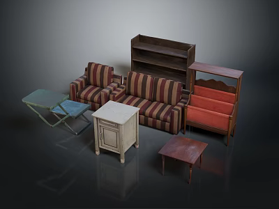 Vintage Furniture Collection With Striped Sofa Bookshelf Coffee Table And Cabinet 3d model