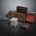 Vintage Furniture Collection With Striped Sofa Bookshelf Coffee Table And Cabinet
