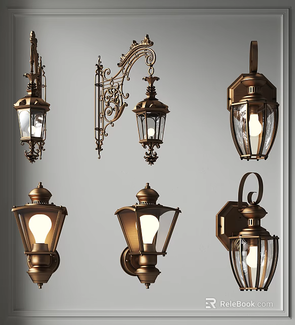 Vintage Design Wall Lamps With Brass Finish Ornate Carvings And Illuminated Lantern Shades 3d model 