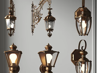 Vintage Design Wall Lamps With Brass Finish Ornate Carvings And Illuminated Lantern Shades 3d model