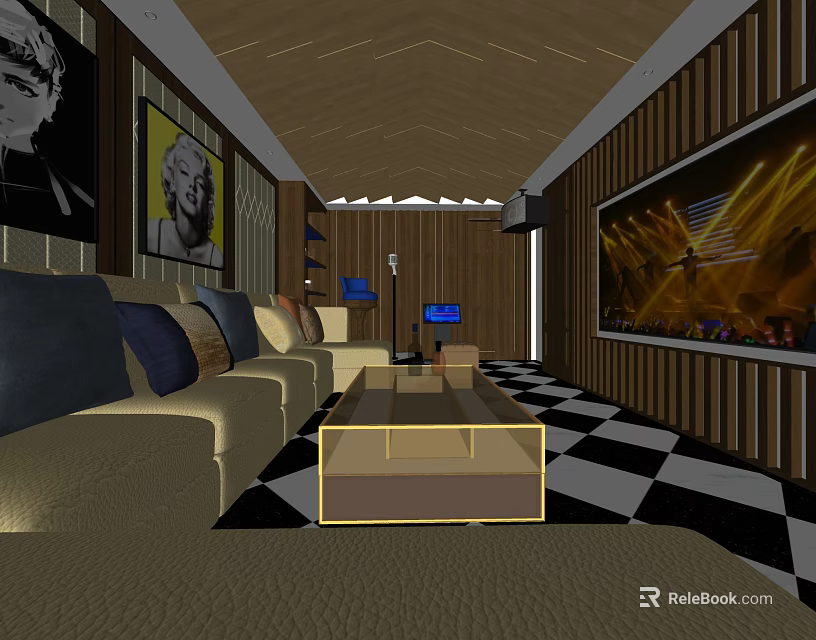 Luxurious Modern KTV Interior With Comfortable Sofa Coffee Table And TV Screen 3d model