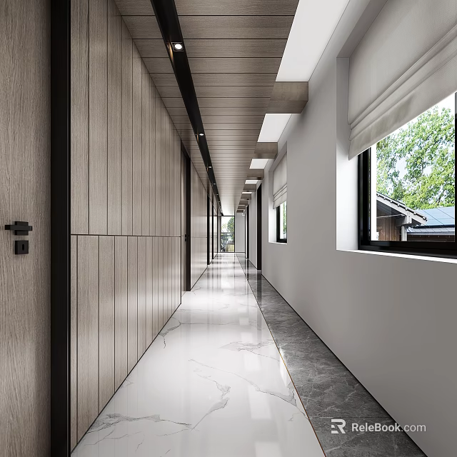 Modern Office Corridor With Wooden Walls Marble Flooring And Natural Light Through Windows 3d model 