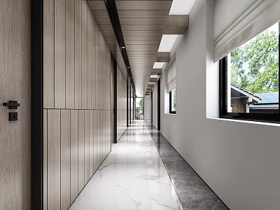 Modern Office Corridor With Wooden Walls Marble Flooring And Natural Light Through Windows 3d model