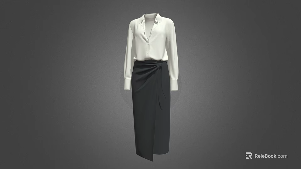 Stylish White Collared Shirt With Long Sleeves And Dark Knotted Skirt Outfit 3d model 
