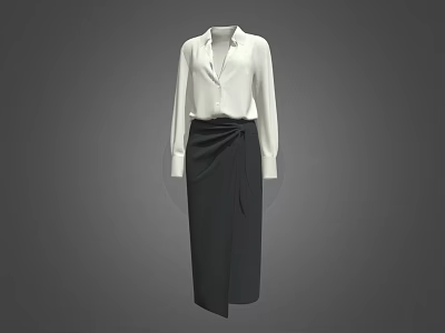 Stylish White Collared Shirt With Long Sleeves And Dark Knotted Skirt Outfit 3d model