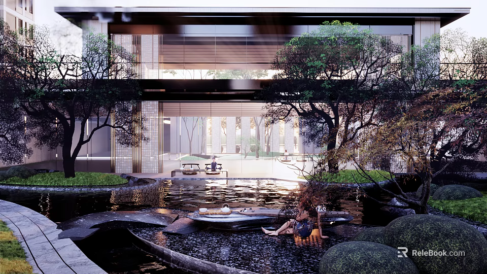 Modern Garden Landscape With Water Pond Lush Green Trees And Seating Area 3d model 